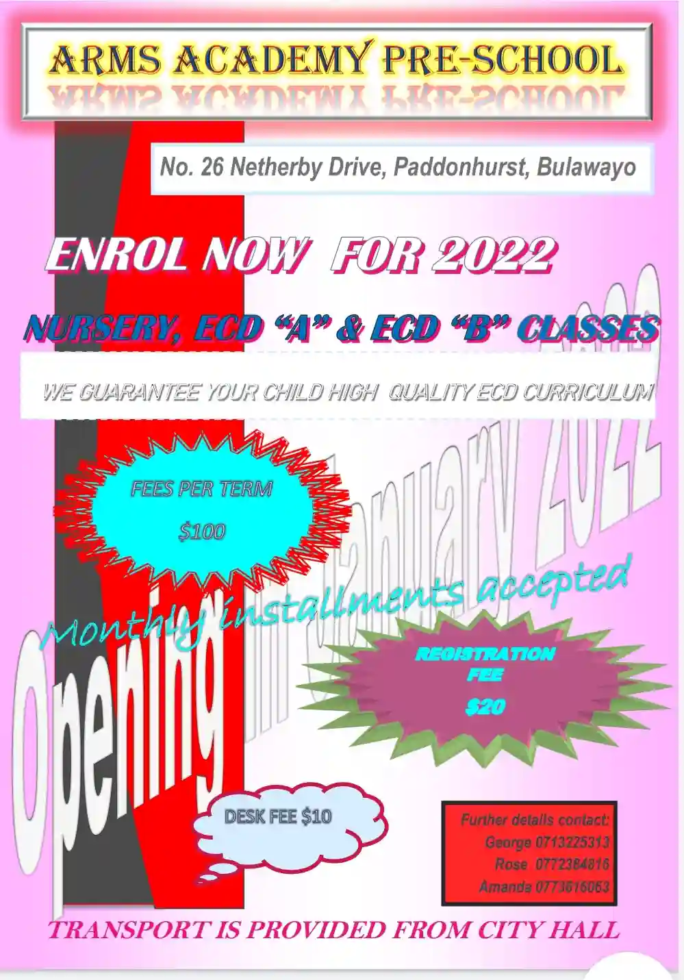 Open Arms Academy Pre school. 2022 places for nursery, ECD "A" & "B"