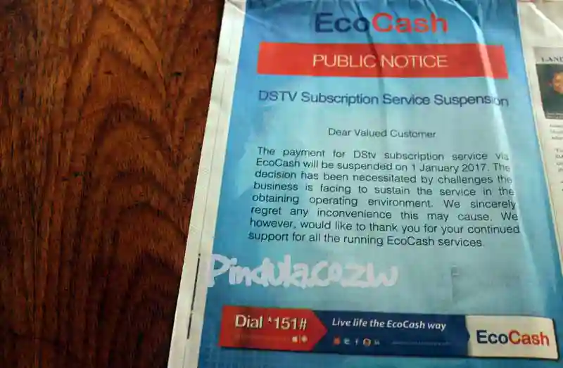EcoCash suspends DStv payments starting 1 January 2017
