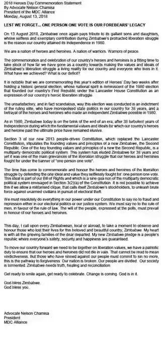Full Text: Nelson Chamisa's Heroes Day Full Statement