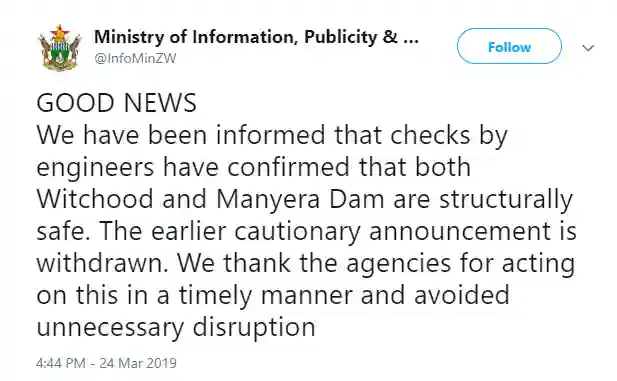 "Manyera Dam Structurally Safe" - Zim Withdraws Warning