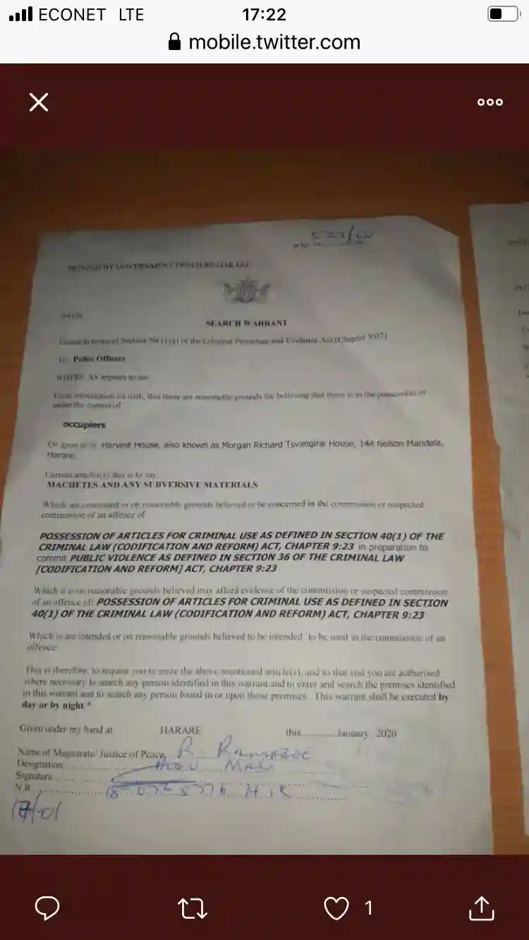 PICTURE: Search Warrant Used By Police To Search For Machetes At MDC Headquarters