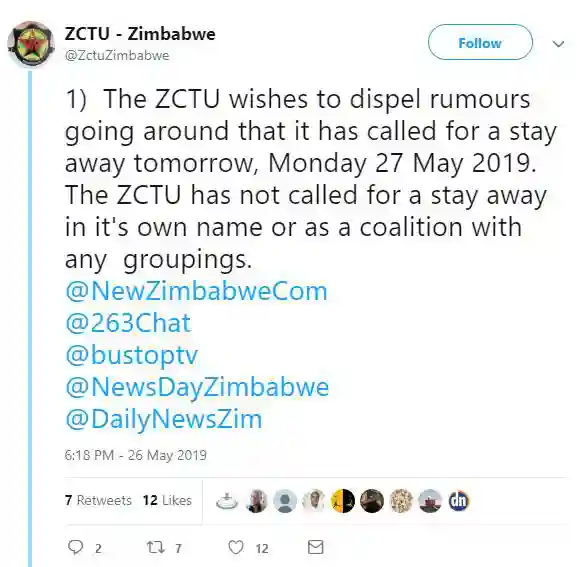 "We're Not Involved On The Current Calls For Protests On Monday" ZCTU