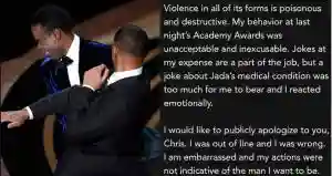 Will Smith Apologises For Hitting Chris Rock (Full Text