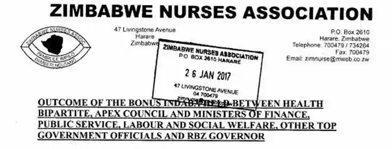 Zimbabwe Nurses Association letter to members after civil servants rejected government bonus deal